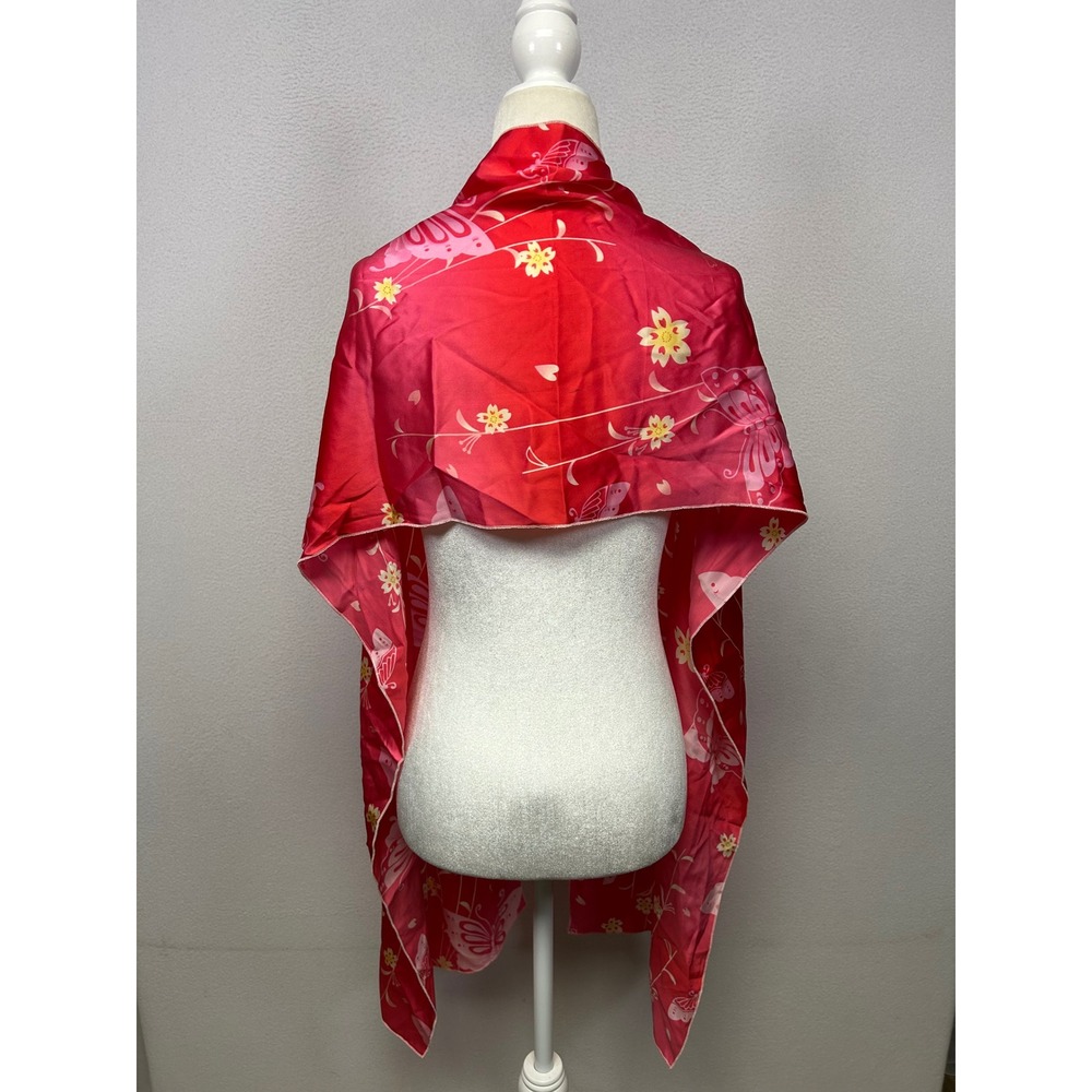 Y2K Whimsical Womens OS Red Pink Butterfly Floral Satin Long Scarf